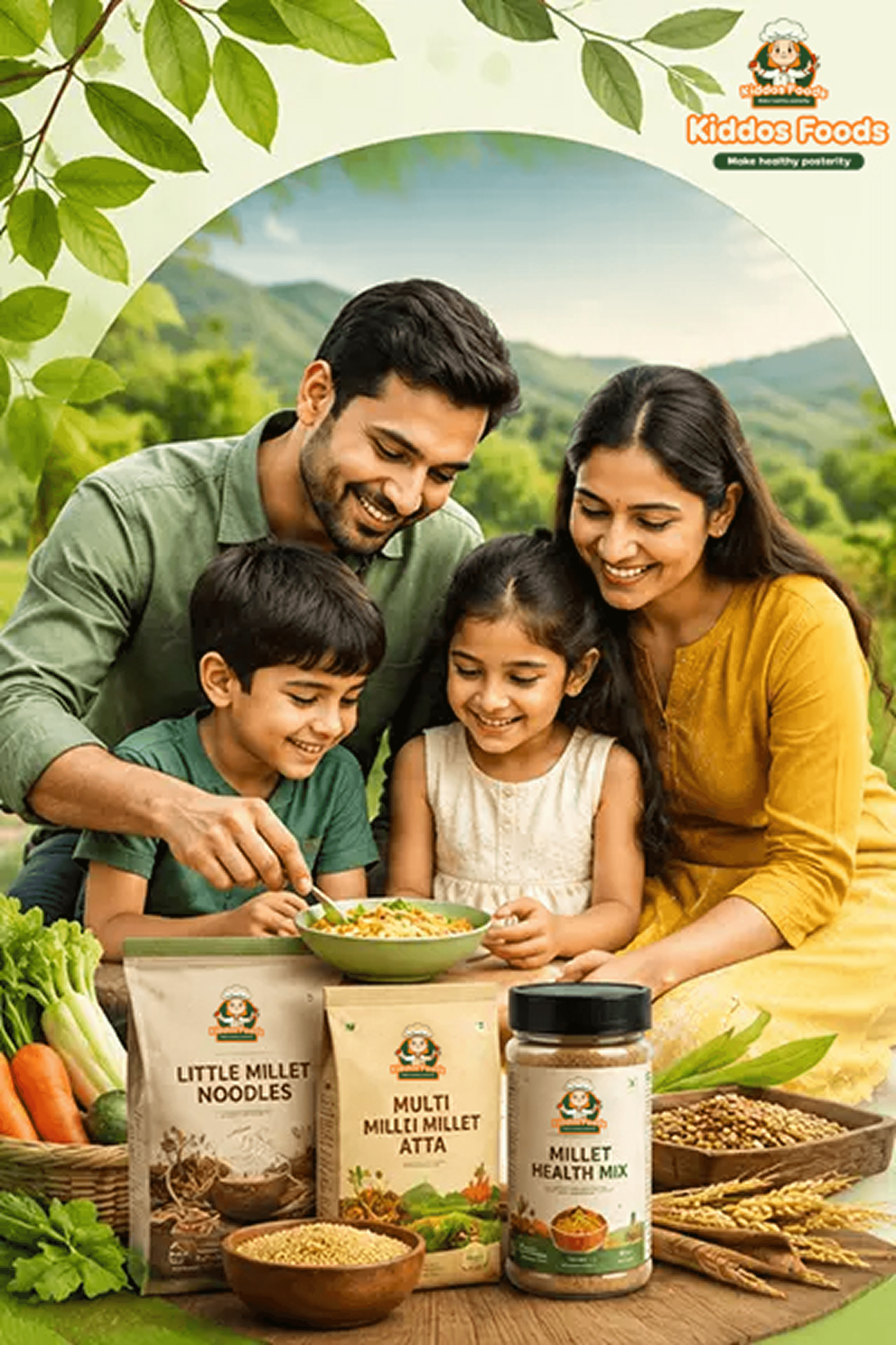Healthy family eating Kiddos Foods millet products